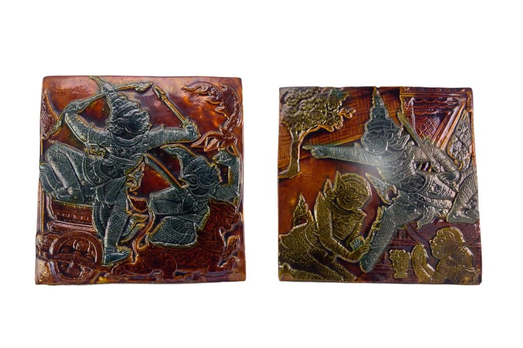 LOT 2 LRG Thai Pottery Tiles Figural Temple Scenes: Set of two large Thai Pottery Tiles Figural Temple Scenes. Beautifully colored glazed pottery featuring Tibetan warrior scenes. Signed on bottom right corner. Each tile measures 16 in. x 16 in. Good c