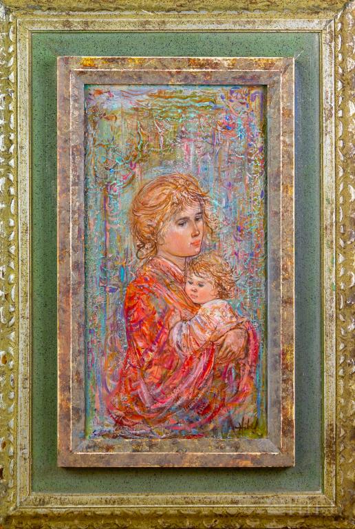 Edna Hibel 1917-2015 American Portrait Painting: Signed original oil on board painting by Edna Hibel Plotkin (1917-2015 Massachusetts, Florida). Artowork depicts a mother and child in the artist's iconic style. Artist signature lower right. Work 15 