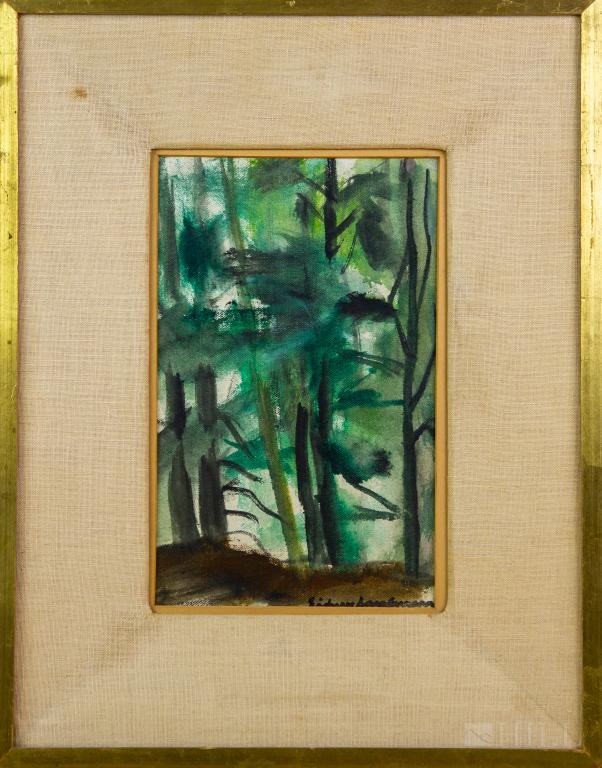 Sidney Laufman 1891-1985 American Oil Painting: Signed original oil on canvas painting by Sidney Laufman (1891-1985 Florida / New York). Artwork depicts a wooded landscape in the mid century abstract style. Artist signature lower right. Work 9 in. 