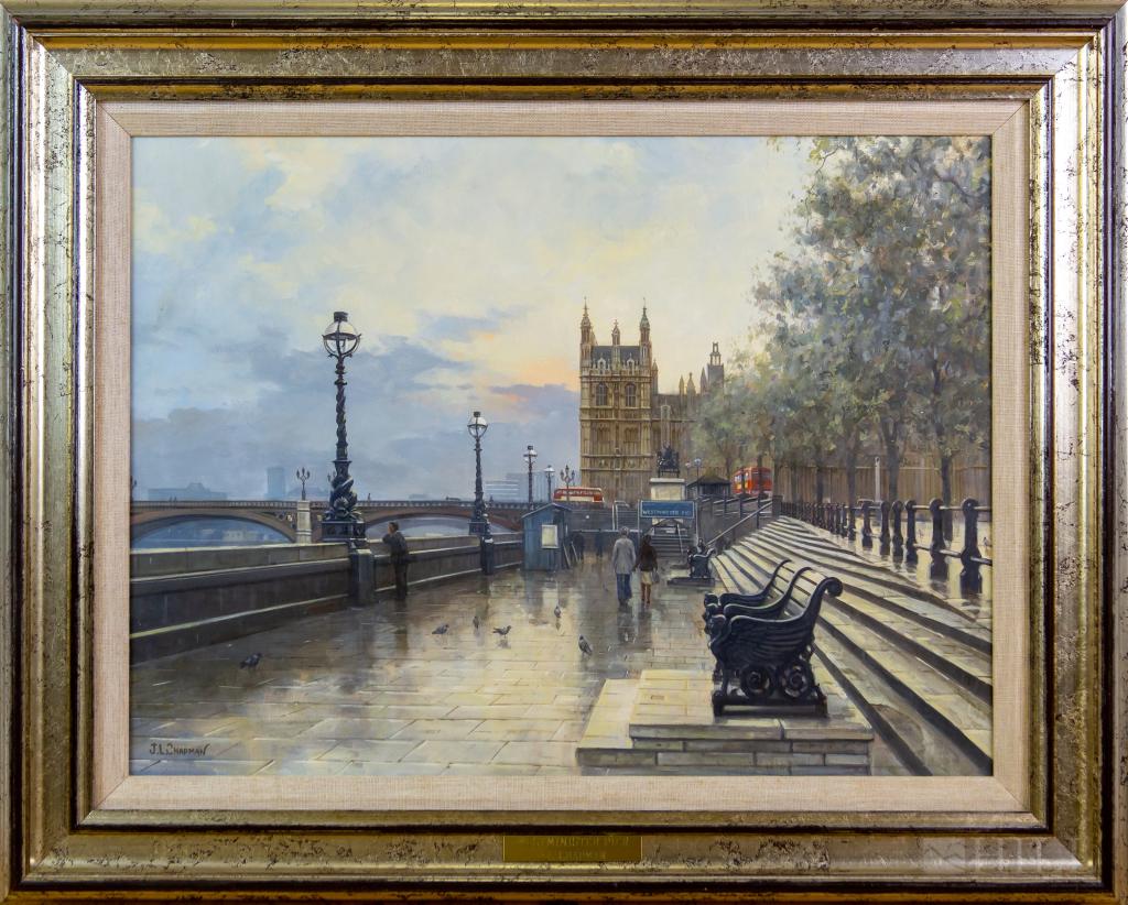 John Chapman 1946- English Cityscape Oil Painting: Signed original oil on board painting by John Lewis Chapman (1946- United Kingdom) "Westminster Pier". Artwork depicts the iconic London landmark in realistic tones. Artist signature lower left. WH Pa
