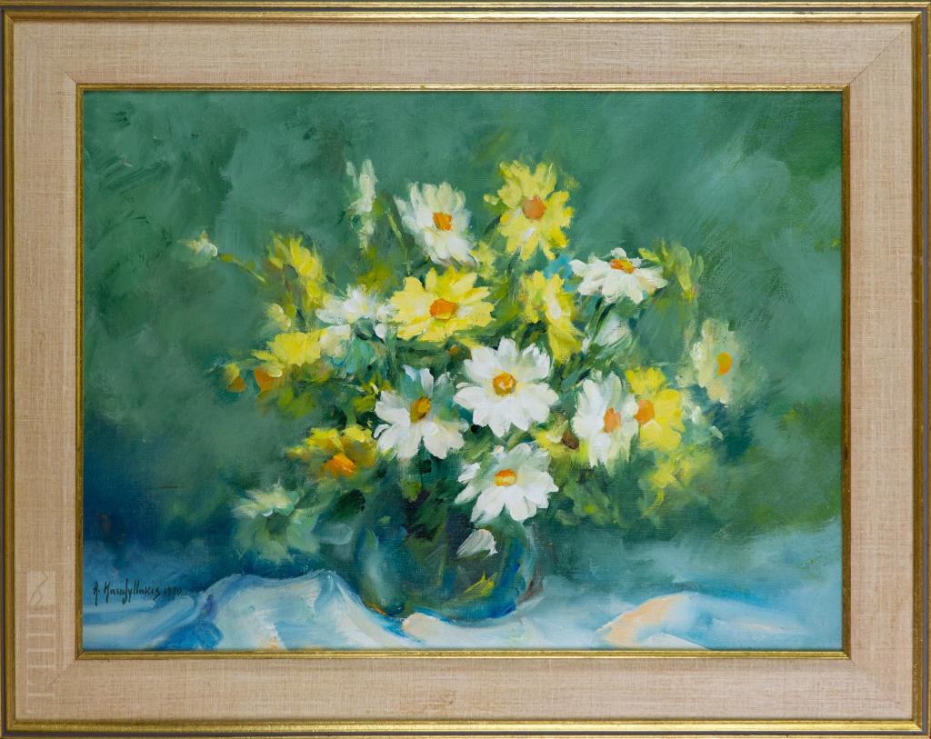 Antonis Karafyllakis 1908-1983 Floral Oil Painting: Signed original oil on canvas painting by Antonis Karafyllakis (1908-1983 Florida). Artwork depicts a still life with flowers in the mid century impressionist style. Artist signature lower left. Work 