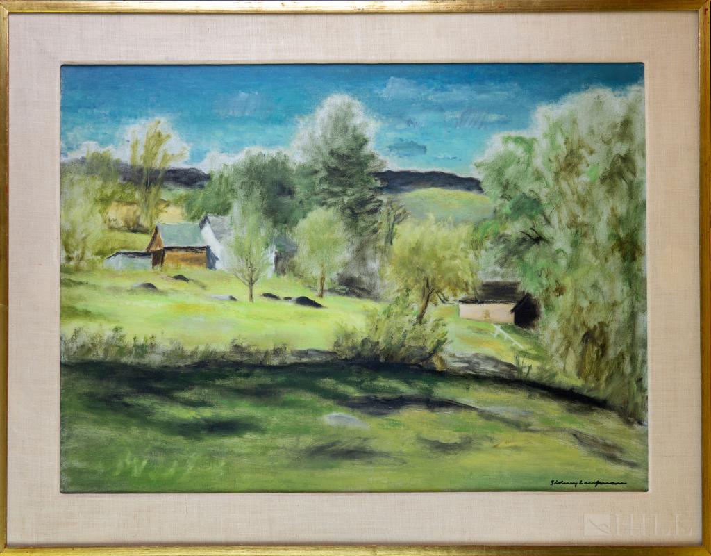 Sidney Laufman 1891-1985 American Oil Painting: Signed original oil on canvas painting by Sidney Laufman (1891-1985 Florida / New York). Artwork titled: "Jamaica Landscape" depicts a blurry landscape in the mid century style. Artist signature lower