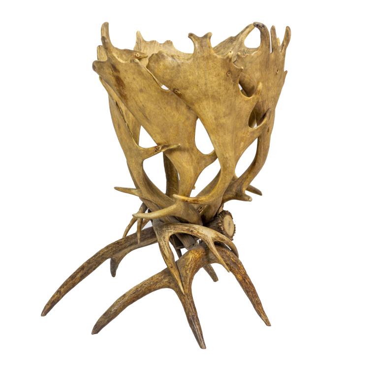Antique Moose Antler Receptacle Bin Umbrella Stand: Antique receptacle bin or umbrella stand crafted of natural Moose antlers. Arts and Crafts or Mission style. Stand 25 in. x 16 in. Good condition with mild surface wear. Hill Auction Gallery will not 