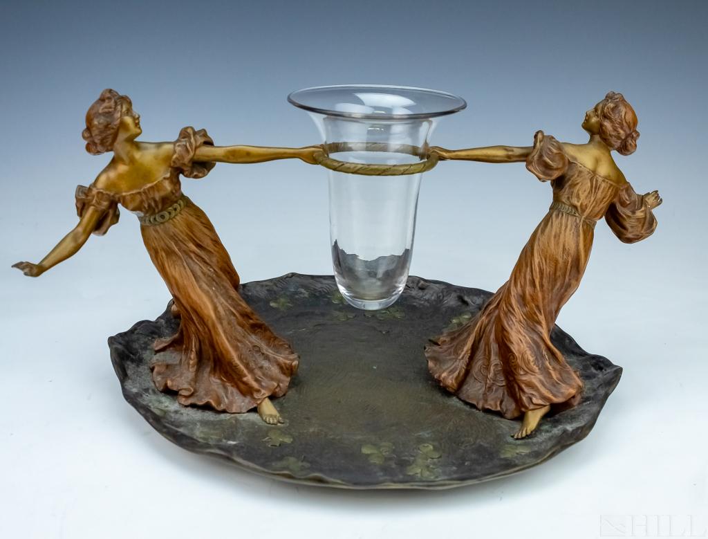 Nam Greb Franz Bergmann Nouveau Bronze Tray Vase: Franz Bergmann (Austrian, 1838-1894). Bronze figural tray / vase, featuring two art nouveau woman dancing around a ring, with fitted clear glass vase. Signed "Nam Greb" (aka Franz Bergmann) at the fee