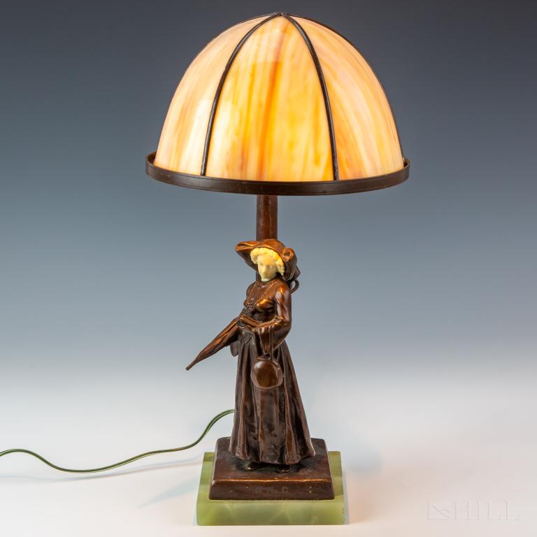 Emil Meier 1877-1952 Art Deco Figural Bronze Lamp: Emil Meier (Czech,1877-1952) Art Deco bronze figural sculpture, single light, desk lamp. Features lady with hat holding umbrella. Signed on the base of the lamp. Sits upon green onyx base. Yellow and