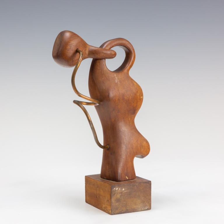 Signed Cuba RPM Modernist Abstract Wood Sculpture: Mystery artist, Cuban, mixed media sculpture. Features an abstract wood form with a coiled copper tone rod. Marked CUBA RPM on base. Measures 9" x 4 1/2" x 3". Good overall condition with minor wear. 