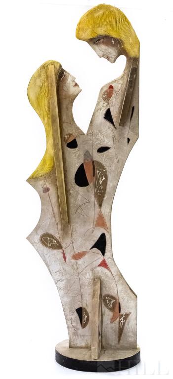 Jean-Claude Gaugy Surrealist 74" Wood Sculpture: Jean-Claude Gaugy (American, French, b.1944) acrylic on lacquered wood sculpture. Depicts a three dimensional, surrealist, man and woman in an embrace. Signed on upper base. Work measures 74 1/4" x 26