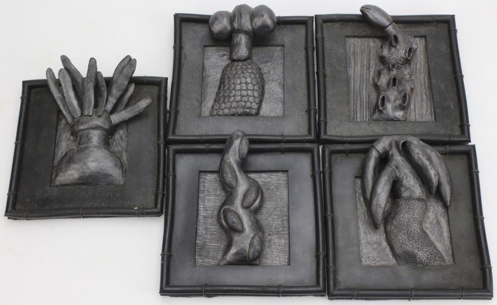 Carol K. Brown Series Of Five Modernist Sculptures: Carol K. Brown (1945-) American. Series Of Five Framed Sculptures Made Up Of Plastic, Rubber, And Wire. Each Signed Carol K. Brown. Each Measures Approximately 6" By 6". Good To Fair Condition. Hill A