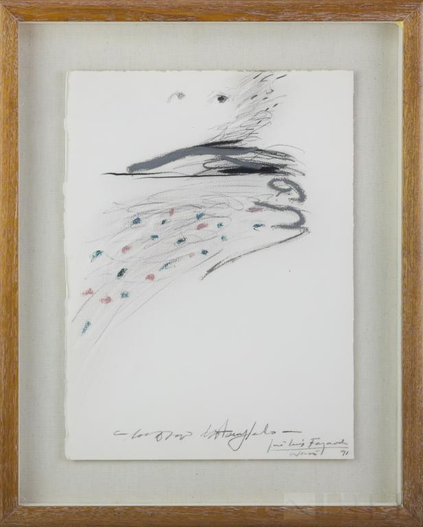 Jose Luis Fajardo 1941- Spain Mixed Media Drawing: Signed original mixed media on paper drawing by Jose Luis Fajardo (1941- Spain). Artwork depicts an abstract composition with charcoal, gouache, colored pencils and watercolor. Artist signature lower 
