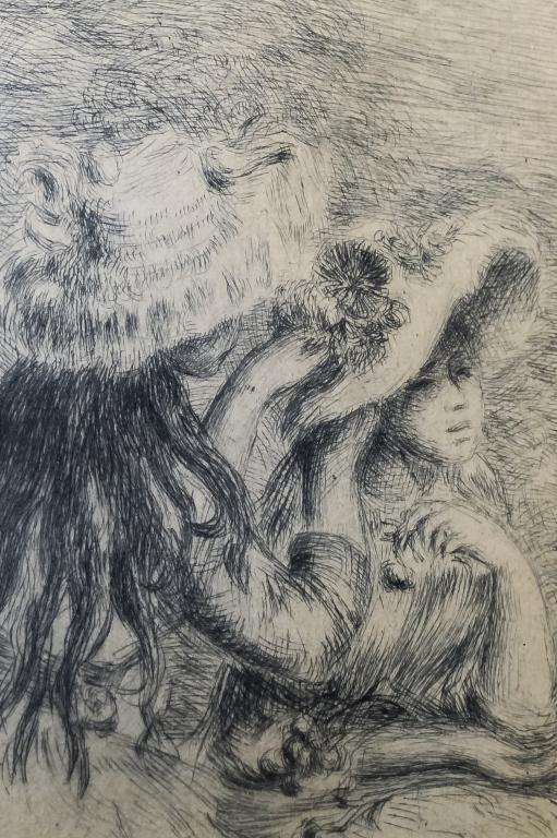 Pierre Auguste Renoir 1814-1919 Le Chapeau Epingle: Original etching print on paper by Pierre Auguste Renoir (1814-1919 France) "Le Chapeau Epingle" Artwork depicts a young girl pinning a hat on her cousin. Models were Julie Manet who was Berthe Moriso