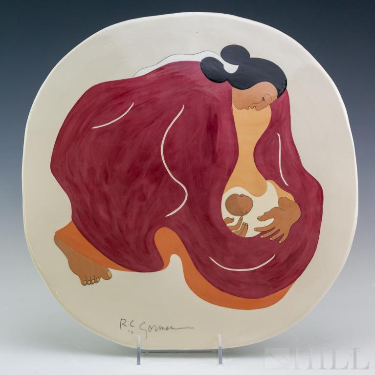 RC Gorman Potters Proof Navajo Woman Child Plaque: R C Gorman (American, 1932-2005) ceramic art pottery, potters proof, plaque. Depicts the work titled Navajo Woman & Child. Signed lower center and impressed marks on verso with title. Plaque: 16 1/4 i