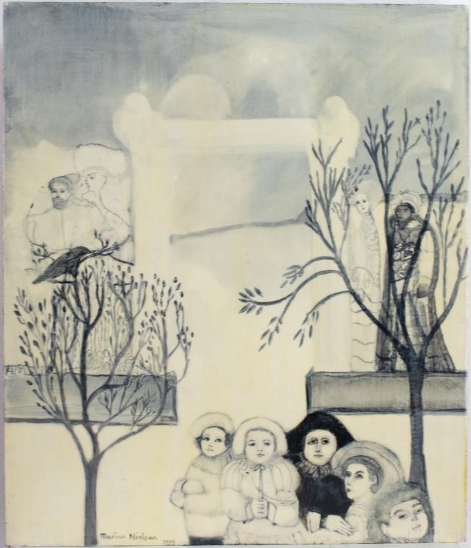 1974 Marian Nielsen Oil On Panel Figural Painting: Marian Nielsen (1921-1980) oil painting on panel. Artwork depicts a grouping of figures near a gate and several trees. Signed lower left and dated 74'. Work: 27 1/2 in. x 23 1/2 in. Unframed. Good ove