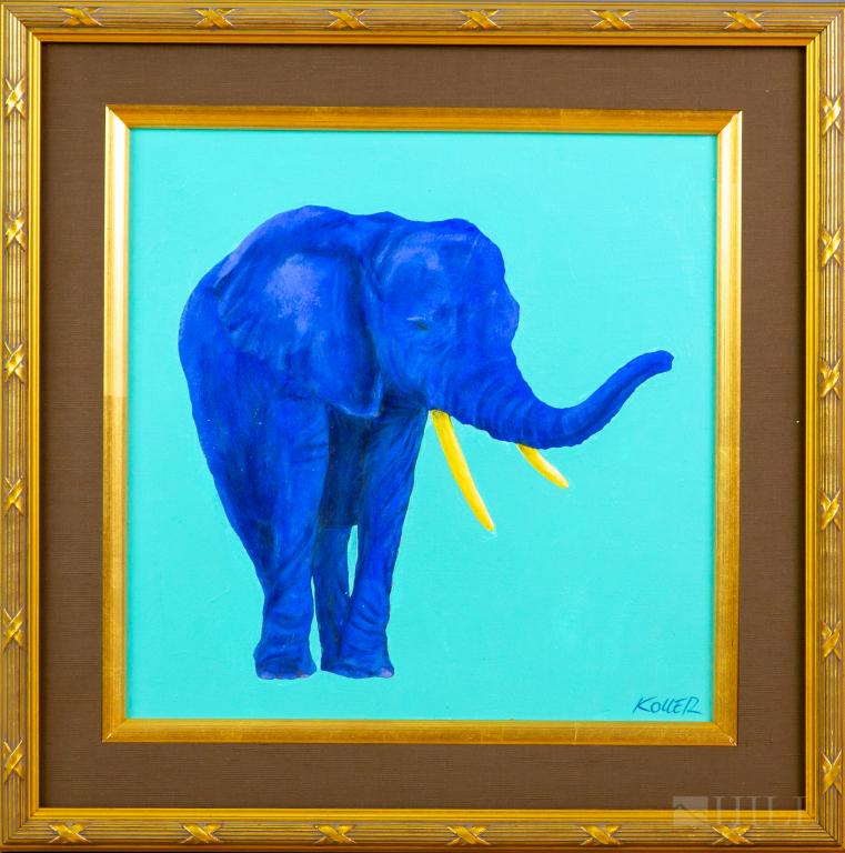 Helmut Koller 1954- Austrian Elephant Painting: Signed original acrylic on paper painting by Helmut Koller (1954- Austria United States). Artwork depicts an elephant in a contemporary Pop art style using bright colors. Artist signature lower right.