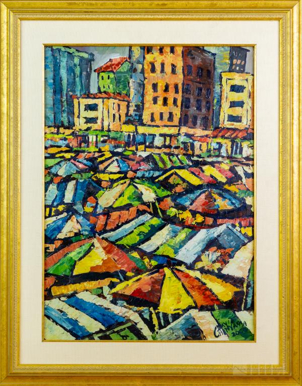 David Chinyama Zimbabwe Cityscape Oil Painting: Signed original oil on artist board painting by David Chinyama (20th to 21st century Zimbabwe). Artwork depicts a colorful view of a Shanty Town in the shadow of a downtown cityscape. Signed lower rig