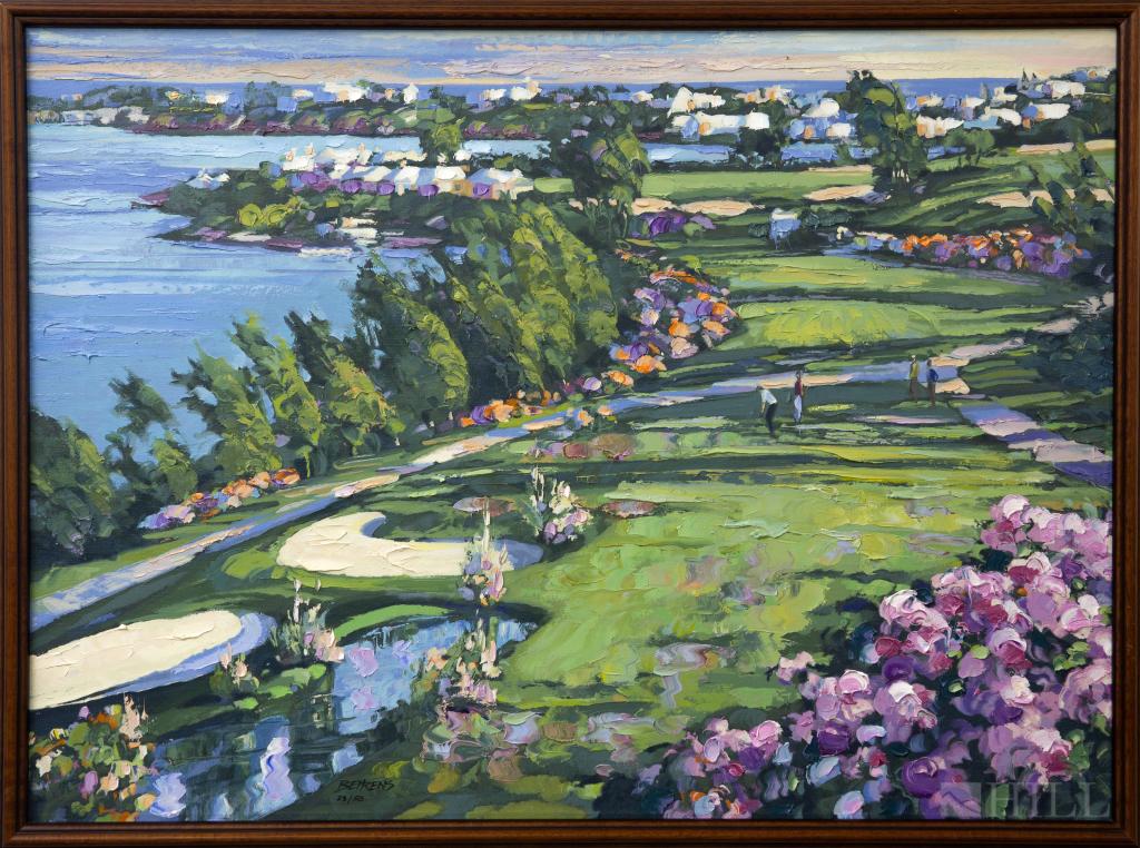 Howard Behrens 1933-2014 L/E Serigraph Print: Artist signed limited edition serigraph on canvas print by Howard Behrens (1933-2014 American). Titled: "18th Fairway Canvas". Limited edition serigraph with hand painted texture and embellishments. A