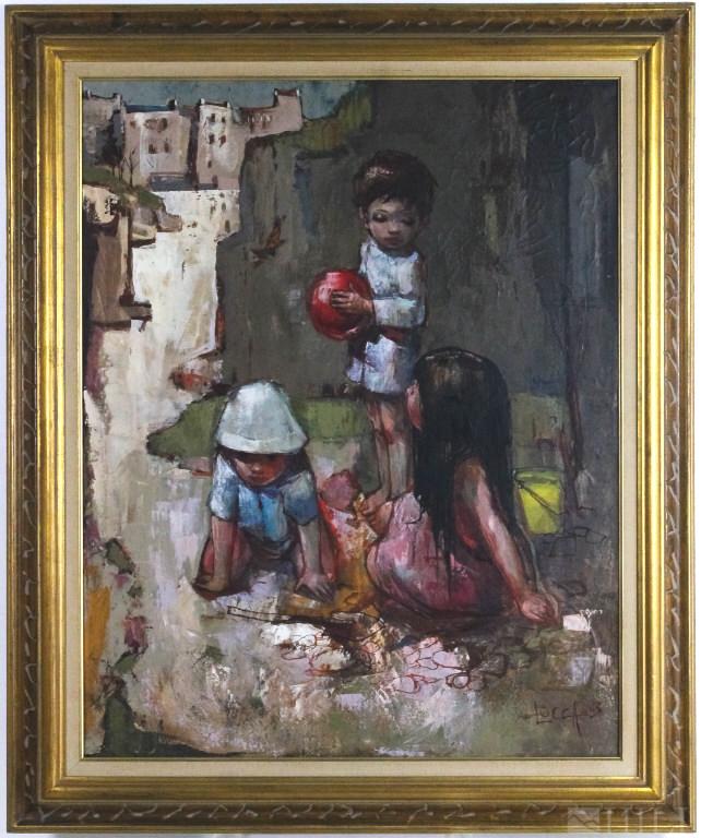 Bernard Locca Oil On Canvas Painting Kids w/ Ball: Bernard Locca (Italian, 1926 - 1997) Oil on canvas painting. Depicts a group of children with a ball. Signed lower right and dated 1963. Work measures 36" x 28". Housed in frame: 42" x 35". Good overa