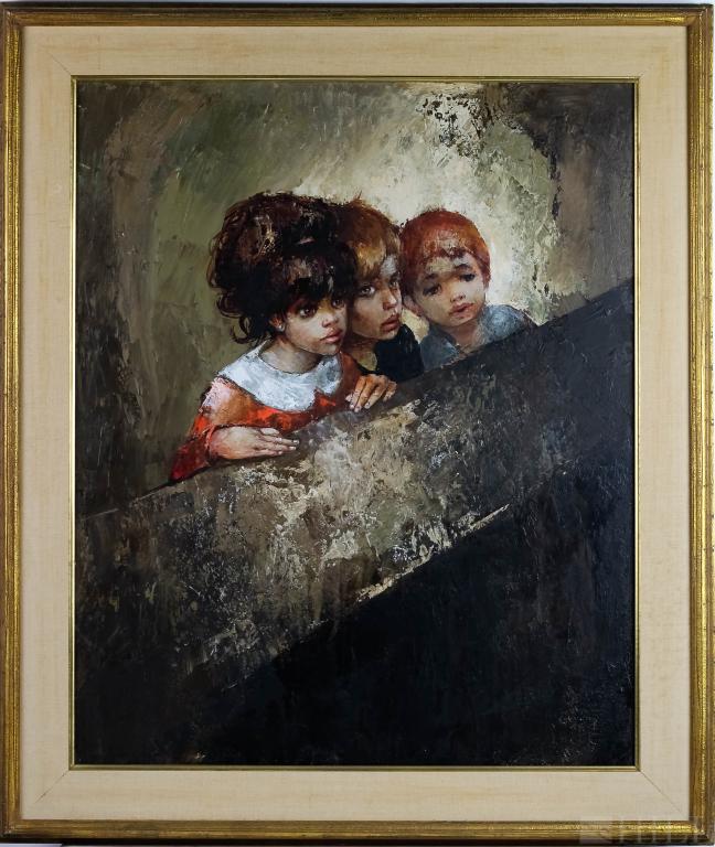 Bernard Locca Italian Figural Kids Oil Painting: Bernard Locca (Italian,1926-1997). Oil on canvas painting. Titled: "Looking Over". Signed lower right. Canvas: 28" x 23". Housed in frame: 34" x 29". Good overall condition with wear to frame. Hill Au