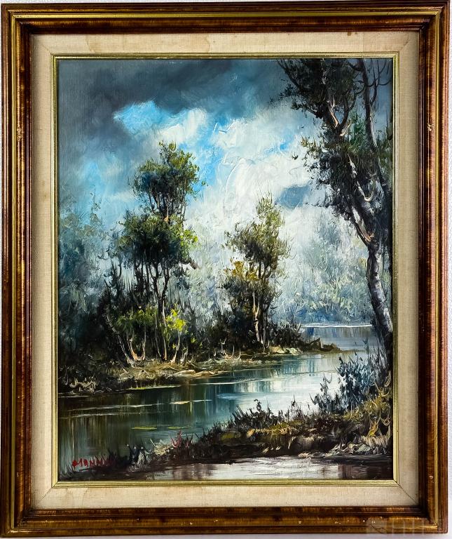 Impressionist Impasto Marsh Landscape Oil Painting: Impressionistic impasto painting. Artwork depicting swamp scene landscape. Mystery artist, Manini, signature in lower left. Canvas: 20 in. x 16 in. Frame: 25 in. x 21 in. Good condition, showing stora