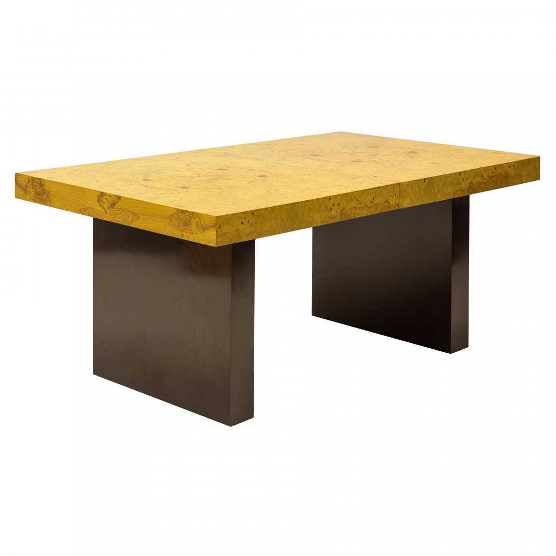 Vintage Milo Baughman Style Burl Wood Dinner Table: Vintage burl wood veneer dining table in the style of Milo Baughman. Features a black base with one leaf. Measures 28" x 39" x 66" with the leaf measuring 22" x 39". Good overall condition with wear. 