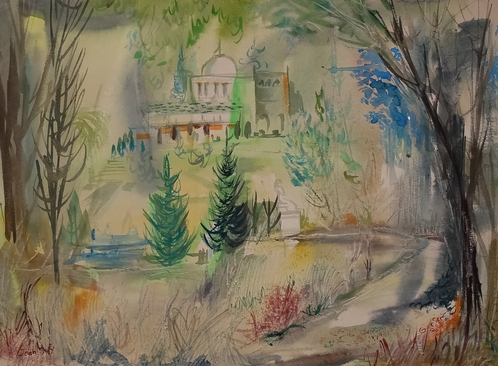 Jean Dufy French Landscape Watercolor Art Painting: Jean Dufy (1888-1964) French, watercolor painting on paper. Artwork depicts a park or landscape scene with a building in the distance. Signed lower right. Sight measures 17" x 22 3/4". Gently mounted 