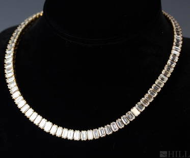 Stunning 18k Gold 50 CTTW Diamond Choker Necklace: Stunning European made, emerald cut diamond, necklace. Features a graduated series of shimmering emerald cut diamonds with F-G color and VVS clarity. Total gemstone weight is approximately 50