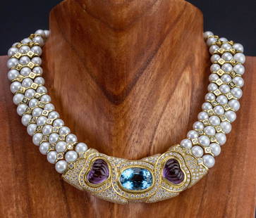 18k Gold & Diamond Akoya Pearl Gemstone Necklace: Exquisite 18k diamond, pearl, and gemstone necklace. Features three rows of 9.25mm average width saltwater cultured Akoya pearls with gold and diamond spacer links. The center of the necklace