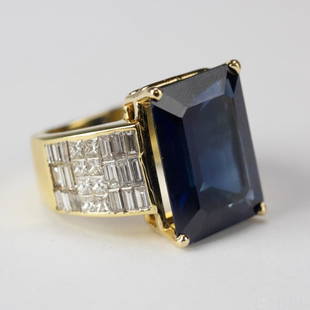 20.25 CTTW Diamond & Natural Sapphire w/ AGL, Ring: AGL certified sapphire and diamond ring. Features a large 17.25 carat natural corundum blue sapphire flanked by invisible set diamonds weighing 3.0 carats in total. Total gemstone weight is