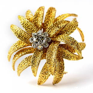 VCA Van Cleef & Arpels 18k Gold Diamond Brooch Pin: Guaranteed Authentic Vintage 1960's Van Cleef & Arpels 18k gold brooch. Features a floral design with a round brilliant cut, 1.0 carat, center diamond surrounded by a halo of round diamonds