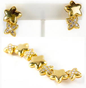 VCA Van Cleef & Arpels Diamond Star Brooch Earring: Guaranteed Authentic Vintage VCA 18k Gold brooch and earrings by Van Cleef & Arpels, France. Features matching puffy star brooch with four diamond encrusted stars. The earrings also feature