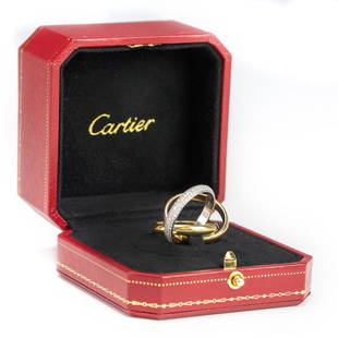 Cartier 18k Gold & Diamond Trinity De Cartier Ring: Guaranteed Authentic Cartier 18k Trinity De Cartier Ring. 18K White and yellow gold. The ring has approximately .99 carats of diamonds. Signed Cartier. Stamped 750. 59. ND3376. Weighs 16.4g.