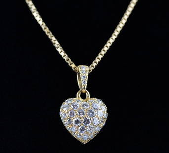 Cartier 18k & Diamond Puffy Heart Pendant w Chain: Guaranteed Authentic Cartier 18k gold diamond heart pendant on a 18k gold chain. Features a puffed heart form pendant with 1.25 carats of diamonds on a 16" long box chain. Pendant measures 7/8"