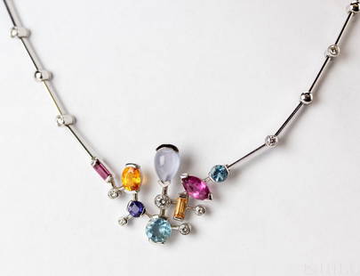 Cartier 18k Meli Melo Diamond Gemstone Necklace: Guaranteed Authentic Cartier modernist 18k white gold and gemstone necklace. Features a necklace from the Meli Melo series with gemstones including chalcedony, pink tourmaline, sapphire,