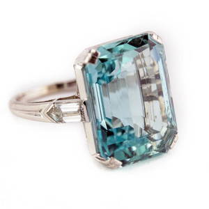 Art Deco Platinum Aquamarine, Diamond 22 CTTW Ring