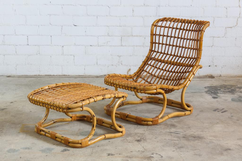 Modern Mid Century Rattan Lounge Chair & Ottoman (1 of 4)