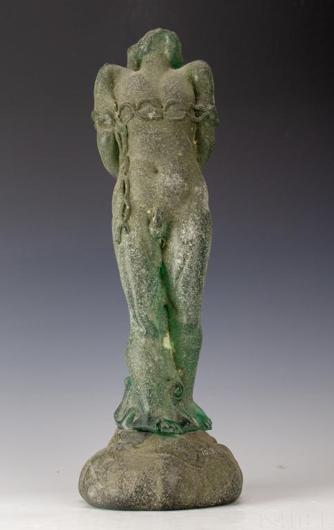 Pino Signoretto b1944 Italy Murano Glass Sculpture: Signed Murano art glass sculpture by Pino Signoretto (1944- Italian) "Hercules and Hydra" depicts a muscular male nude figure wrapped in chains. Crafted of "Venetian Green" glass with corroso finish. 