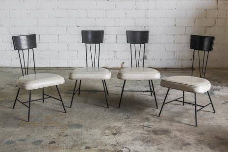 Richard Mccarthy Mid Century Modern Chairs Selrite: Set of four vintage mid century modern style low side chairs in the style of Richard McCarthy. Rod iron frames with ebonized oak backs and vinyl upholstered seats. Unsigned. Each 32 in x 19 in. x 20 i