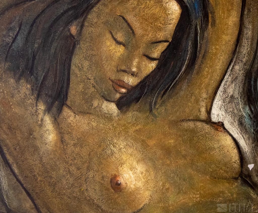 Female Nude Oil Painting attributed Angel Botello: Vintage oil on board painting attributed to Angel Botello (1913-1986 Puerto Rico) Depicts a female nude in the artist's signature modernist style. Unsigned. Attributed to the artist via family of the
