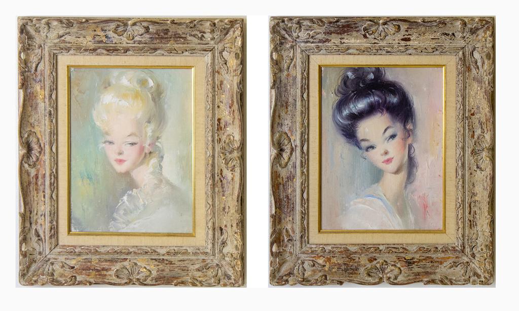 Pair Mid Century Big Eyed School Female Portraits (1 of 6)