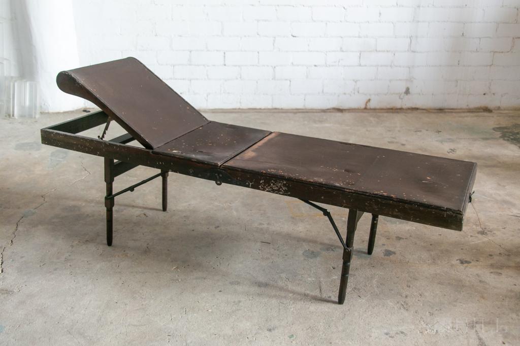 Durfee Portable Wood Morticians Embalming Table: Rare traveling or portable antique morticians embalming / cooling table by Durfee. Wood table/ chair folds to a thin suitcase size for easy transport. Unfolded measures 21 in. x 74 in. x 22 in. Fair o
