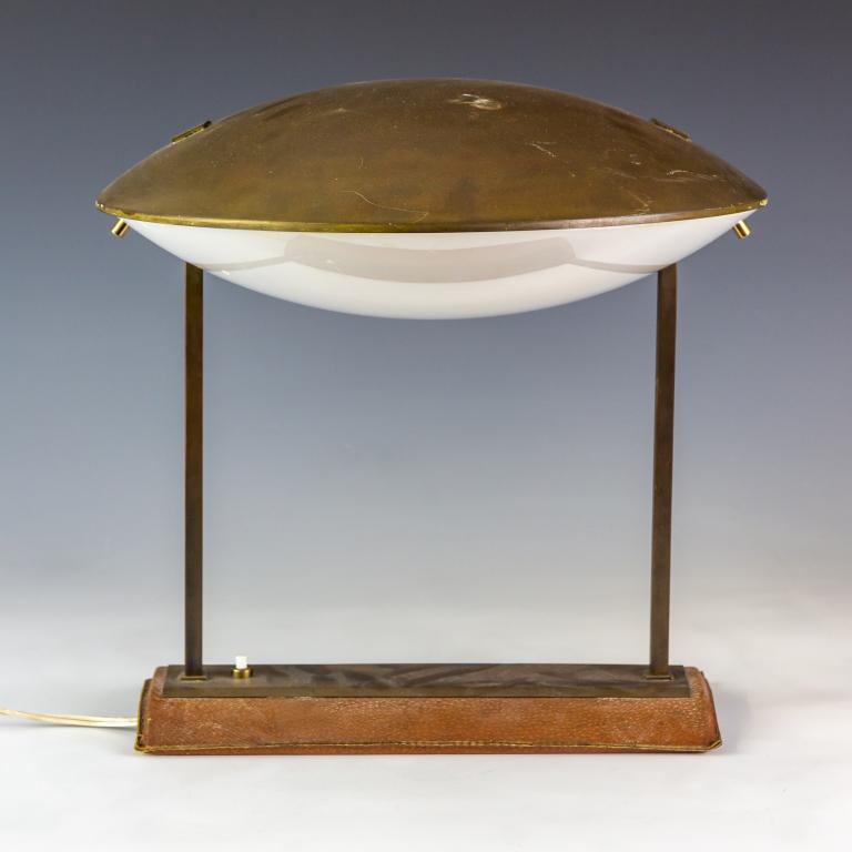Deco Lucite Leather Brass Saucer Desk Table Lamp (1 of 5)