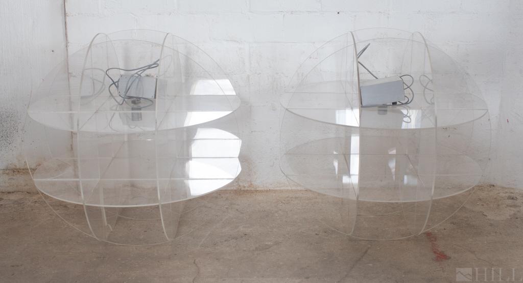 Pair Modernist Lucite Spherical Orb Hanging Lamps (1 of 8)