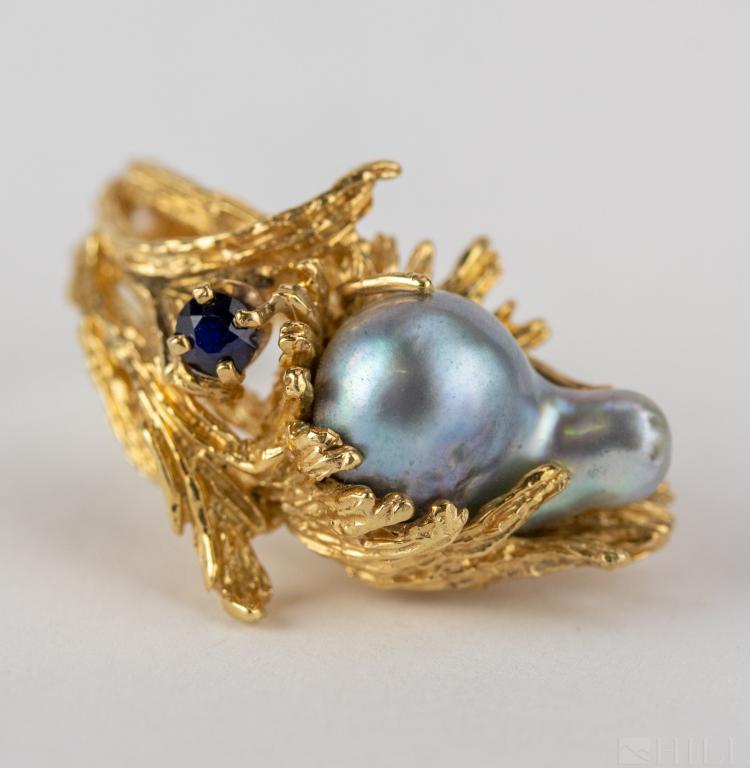 14k Gold Tahitian Pearl & Sapphire Freeform Ring (1 of 5)