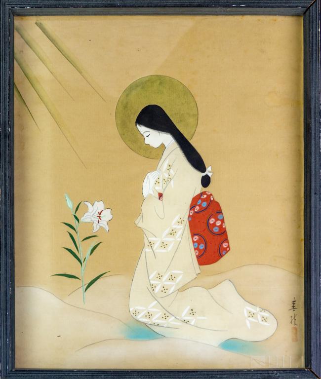 Japanese Asian Figural Silk Watercolor Painting (1 of 4)