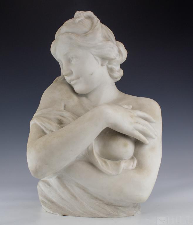 Art Nouveau Female Nude Marble Bust Sculpture 18": Antique Art Nouveau bust sculpture. Hand carved from a creamy white alabaster or marble. Depicts a female partially clad figure with crossed arms and bared breast. Sculpture approximately 18 in. x 12 