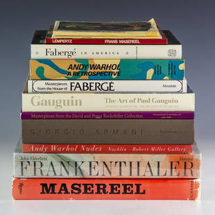 Art Jewelry Warhol Faberge Coffee Table Books LOT: Collection of vintage coffee table books. Includes "Masterpieces" from the David & Peggy Rockefeller Collection, "Giorgio Armani"," Andy Warhol Nudes", "Andy Warhol a Retrospective", "Faberge in Ameri