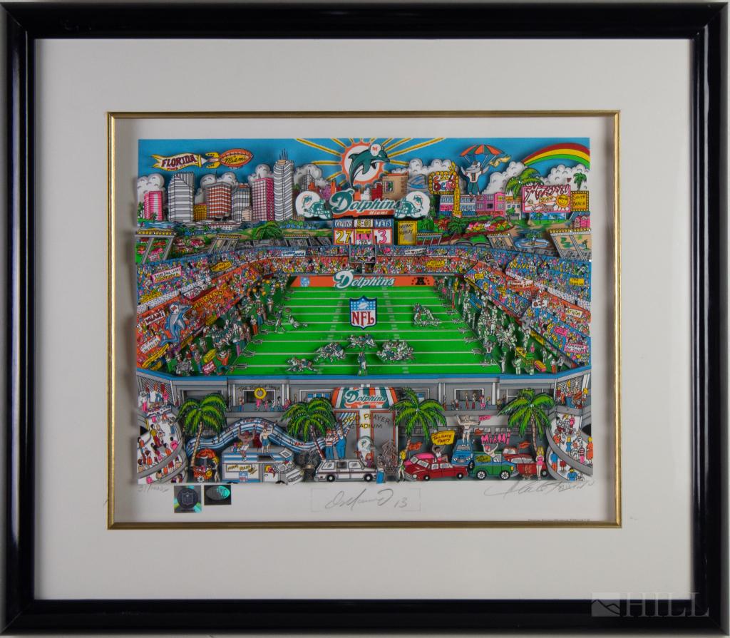 Charles Fazzino & Dan Marino NFL Football 3D Art: Charles Fazzino (b.1955, American) 3D art Illustration of Miami Dolphins Pro Player Stadium, signed by NFL player Dan Marino. Exciting colorful 3D illustration capturing the excitement of a Miami Dolp