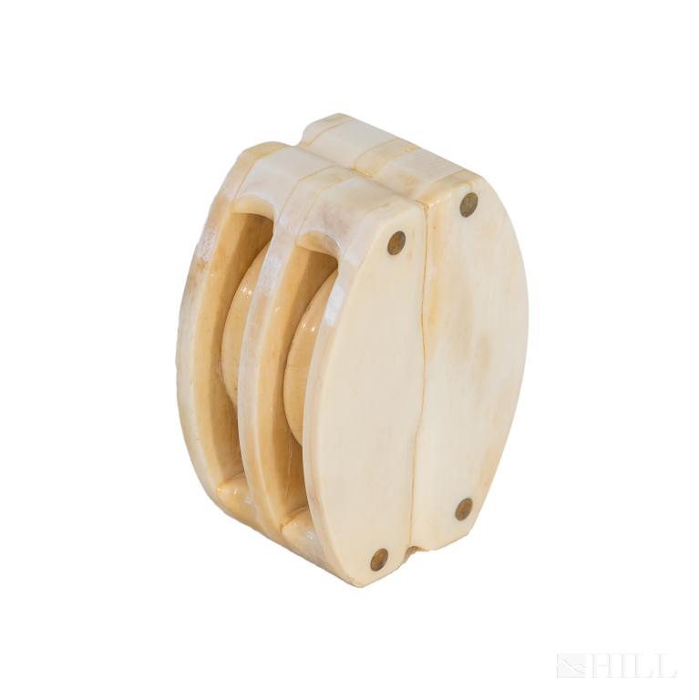 Nantucket Maritime Marine Nautical Sailor's Pulley: Nautical Nantucket hand carved pulley. Quality and sturdy craftsmanship. Held together with brass hardware. Measures 1 5/8 in. x 2 in. x 1 1/4 in. Made of natural bone material. Good condition, showin
