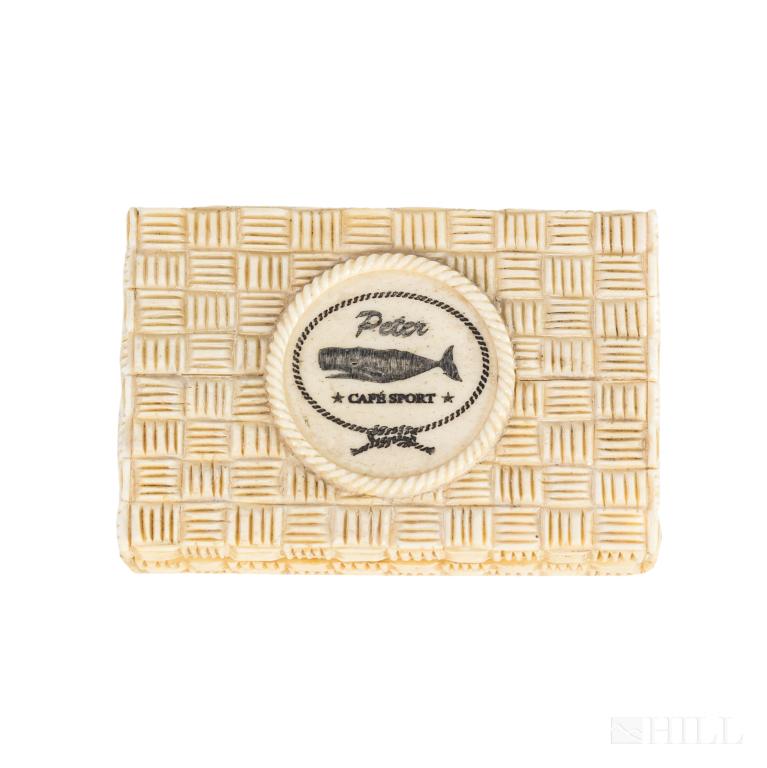 Nautical Bone Lidded Box with Carved Whale Design: Finely hand carved bone box. Hand carved woven and rope design. Etched artwork depicts a sperm whale and reads "Peter Cafe Sport" Made of natural bone material. Box measures 3 5/8 in. x 2 1/4 in. x 1 