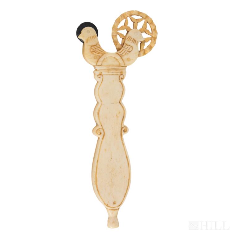 Nantucket Style Carved Bone Bird Head Pie Crimper: Beautifully carved Nantucket style double chicken head pie crimper. Carved pierced and dark bone spinning wheels. end of handle featuring a small carved hand in fist, with pierced hole through the cen