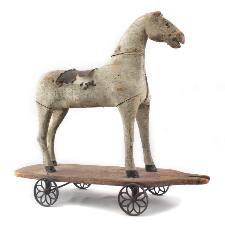 Early Folk Art Carved Wood Leather Toy Pull Horse (1 of 5)